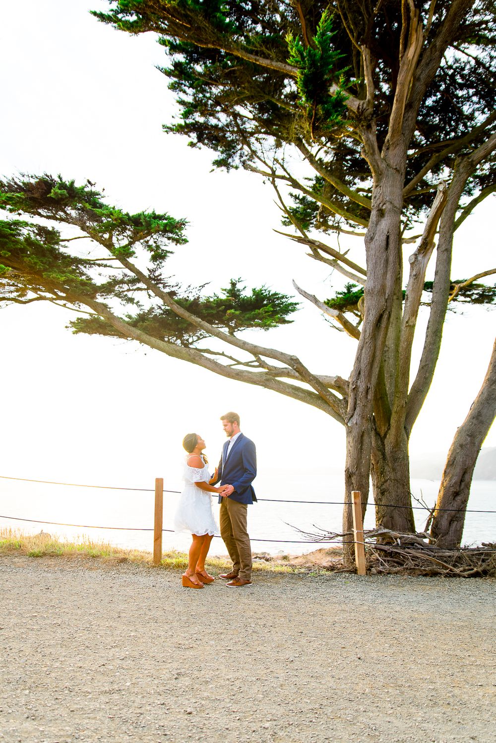 young couple in navy and white standing under tree at sunset in Golden Gate Park engagement photos