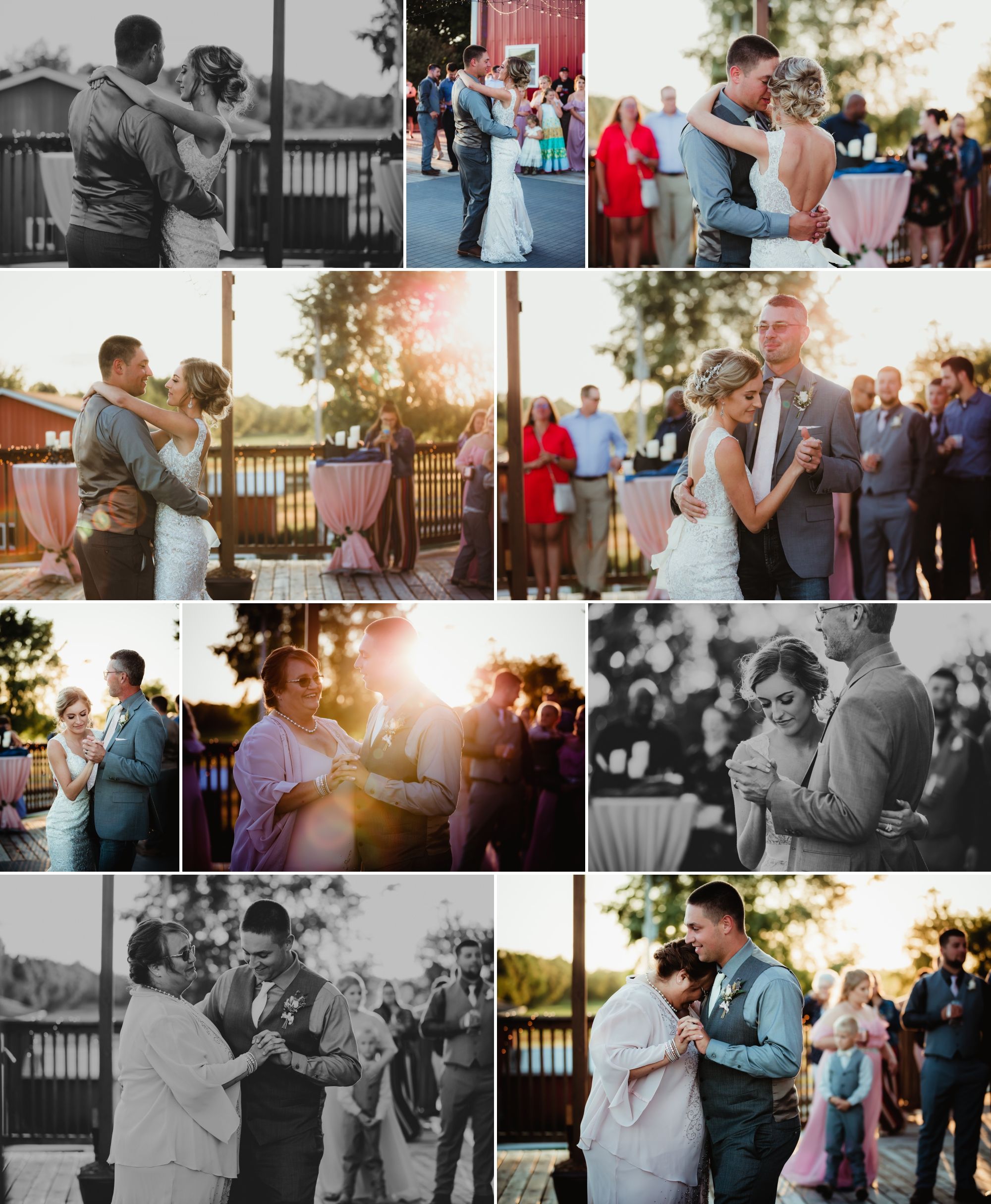 Collage of the first dance, daddy daughter dance, and mother son dance out on deck as the sun is going down.