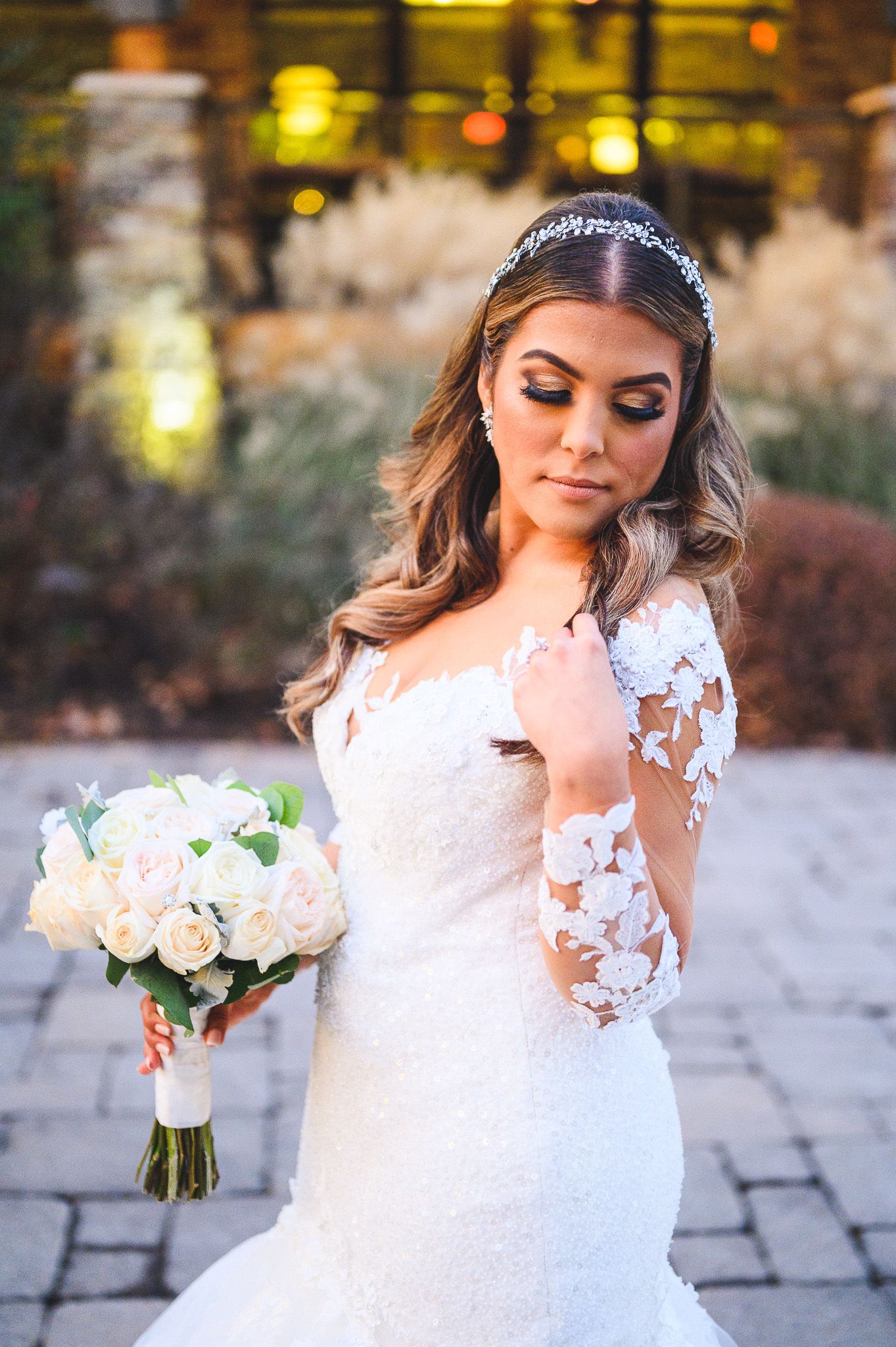 bridal portrait with dress at stone house