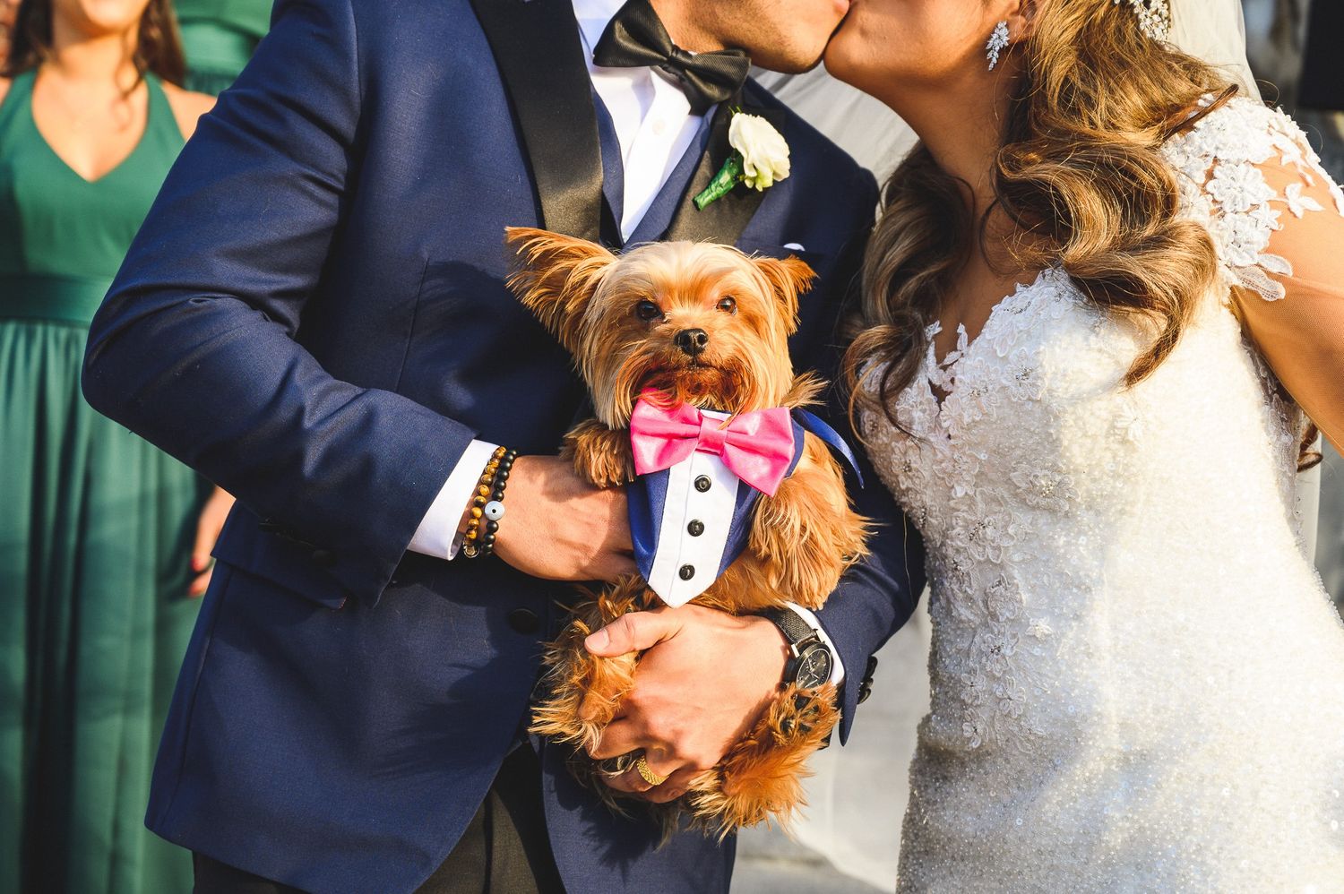 bride and groom's dog during the kiss outside church