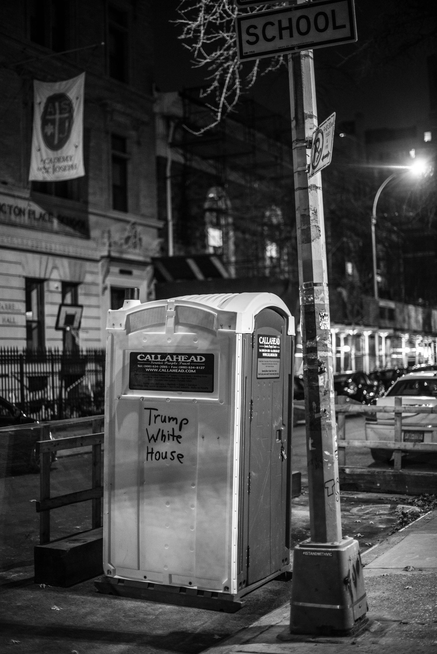 Port - a - Pottie in NVC Greenwich Village with Trumps White House sprayed on it