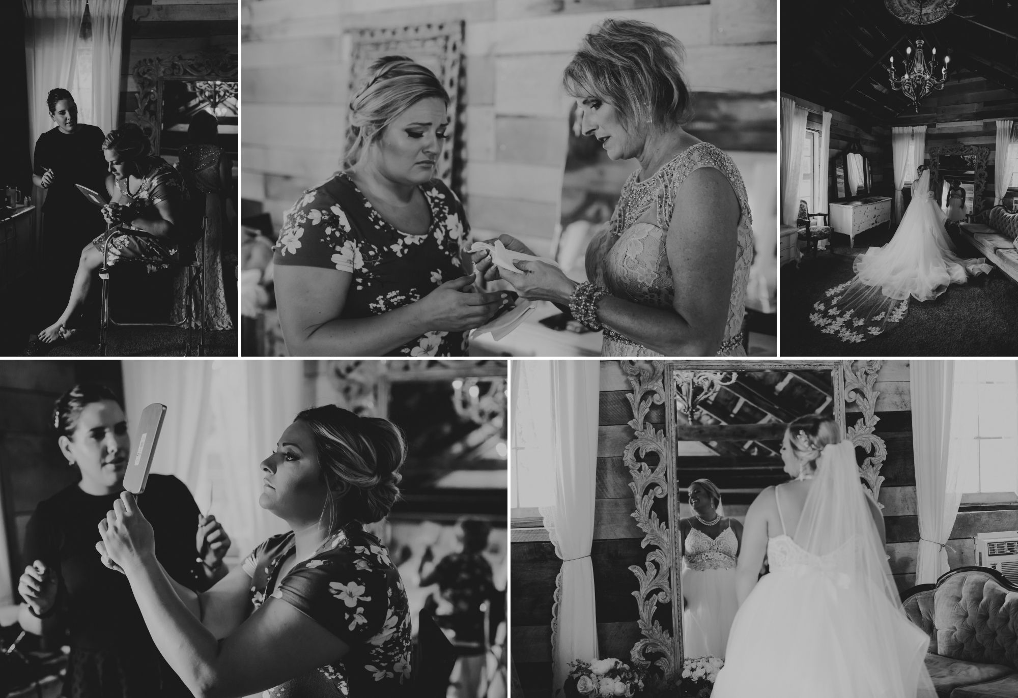 A black and white collage of a bride getting her make up done and putting on her dress.