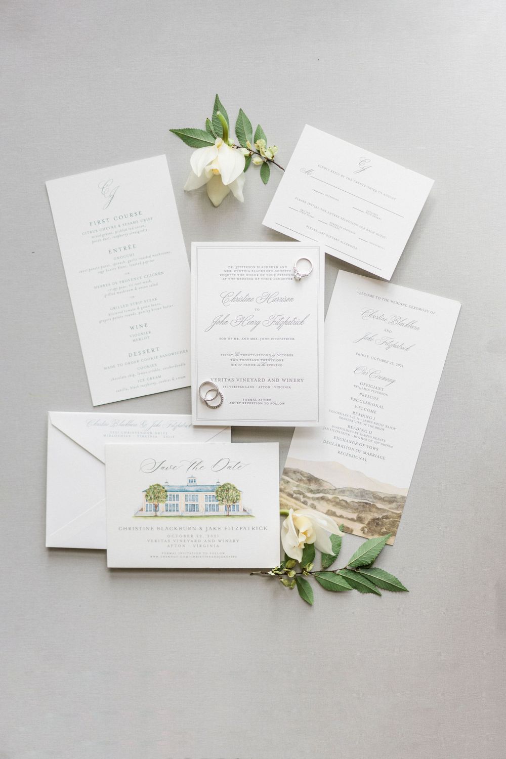 Veritas Vineyard watercolored wedding invitations