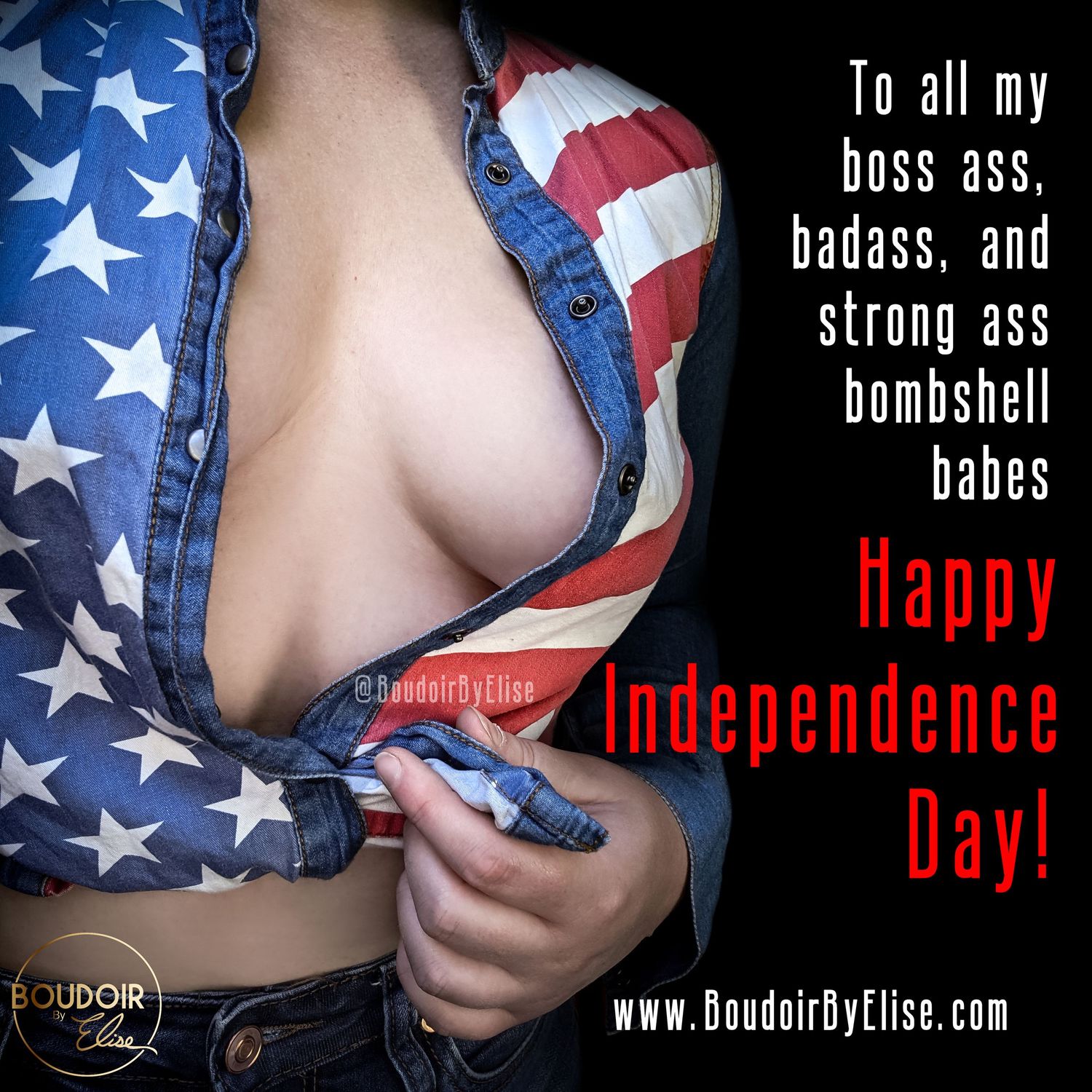 HOT COUNTRY GIRL WEARING AMERICAN FLAG JEAN BUTTON UP SHIRT TIED UP WITH CLEAVAGE FOR INDEPENDENCE DAY