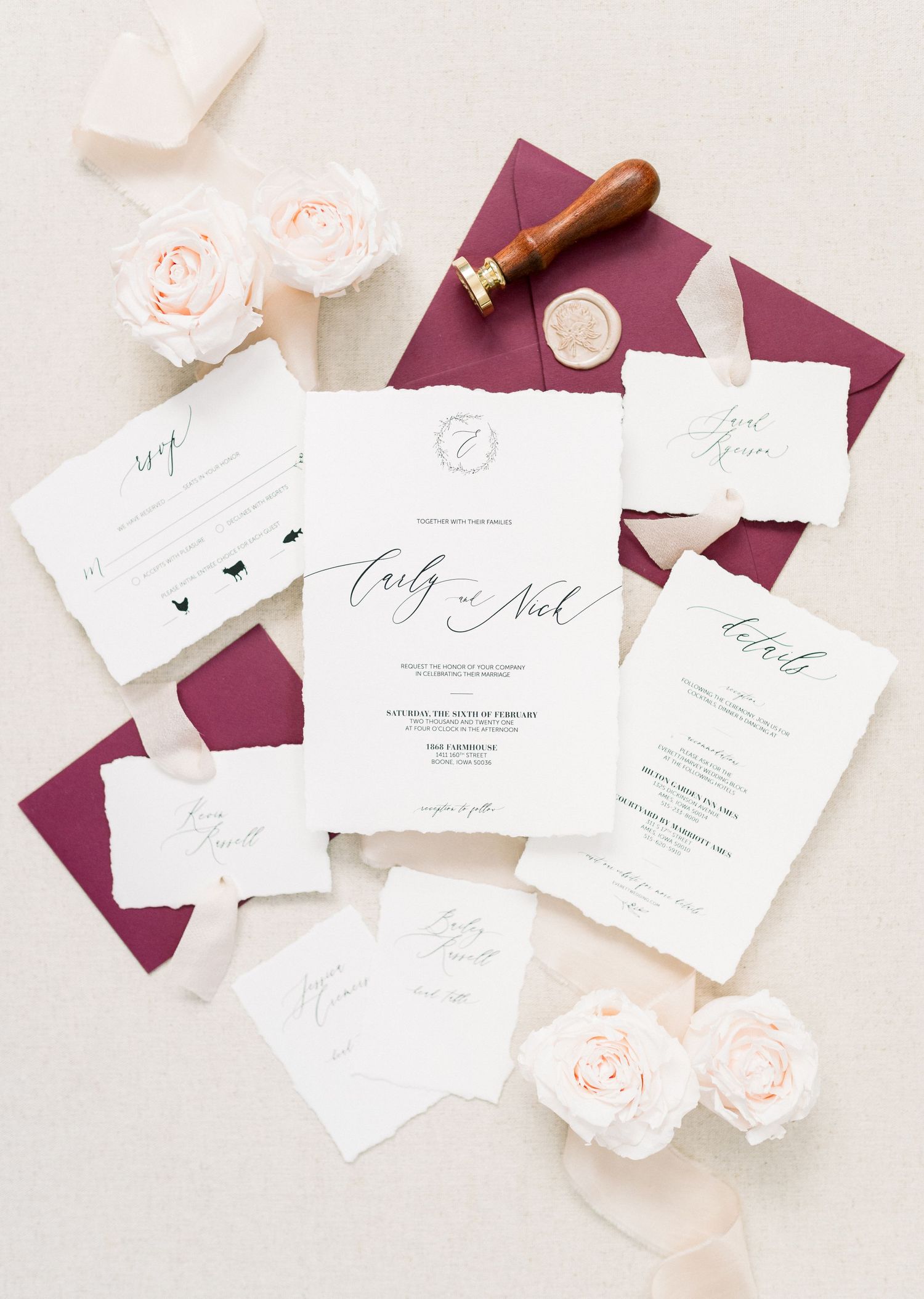 Light and airy 1868 Farmhouse Wedding in Boone, Iowa with Milton Print Co. Flay lay invitation suite