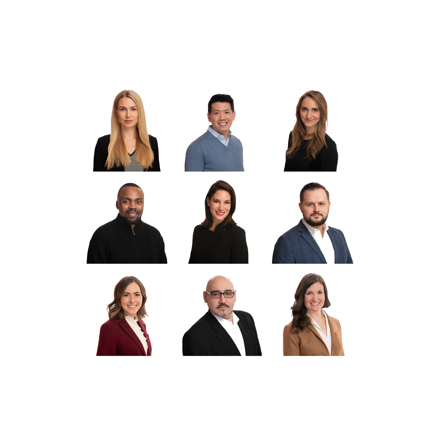 Professional headshots of business team members arranged in grid layout.