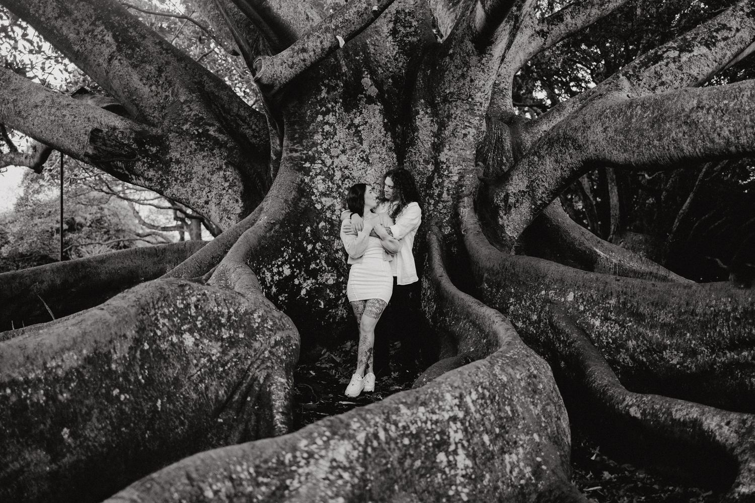 Couple under a tree in Auckland Domain for their engagement shoot with Apertured Media-Auckland Wedding Photographer