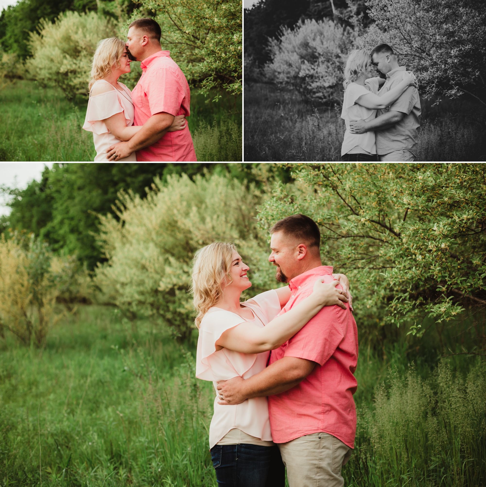 Collage of mom and dad smiling at each other, embracing, and dad kissing mom's forehead.