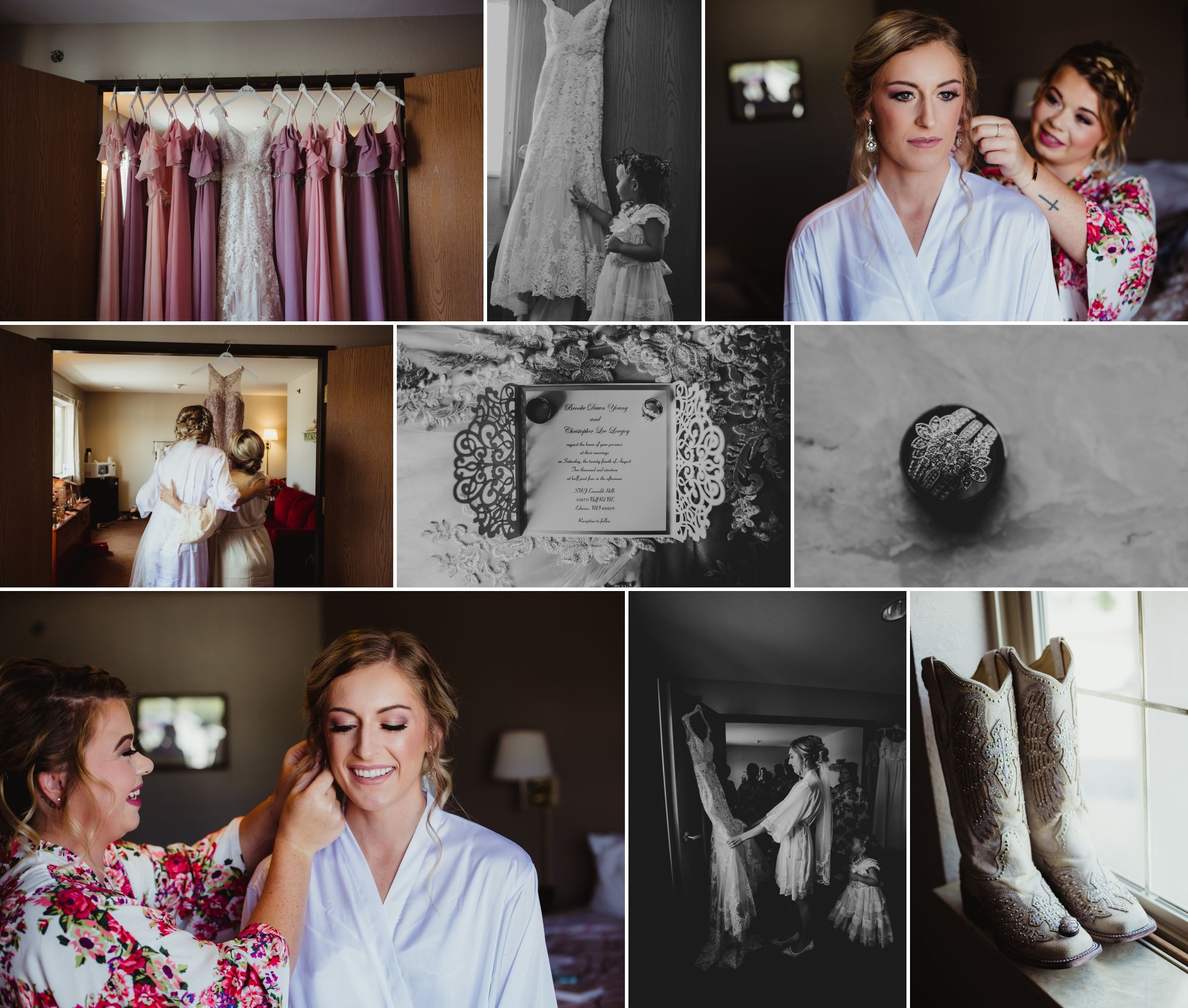 Collage of a bride getting her jewelry on, the dresses, flower girl looking at wedding gown, rings, and boots.