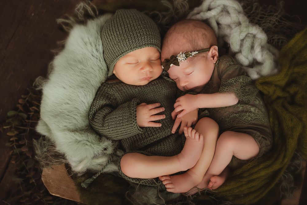 Zwillingsbabys im Körbchen im Fotostudio