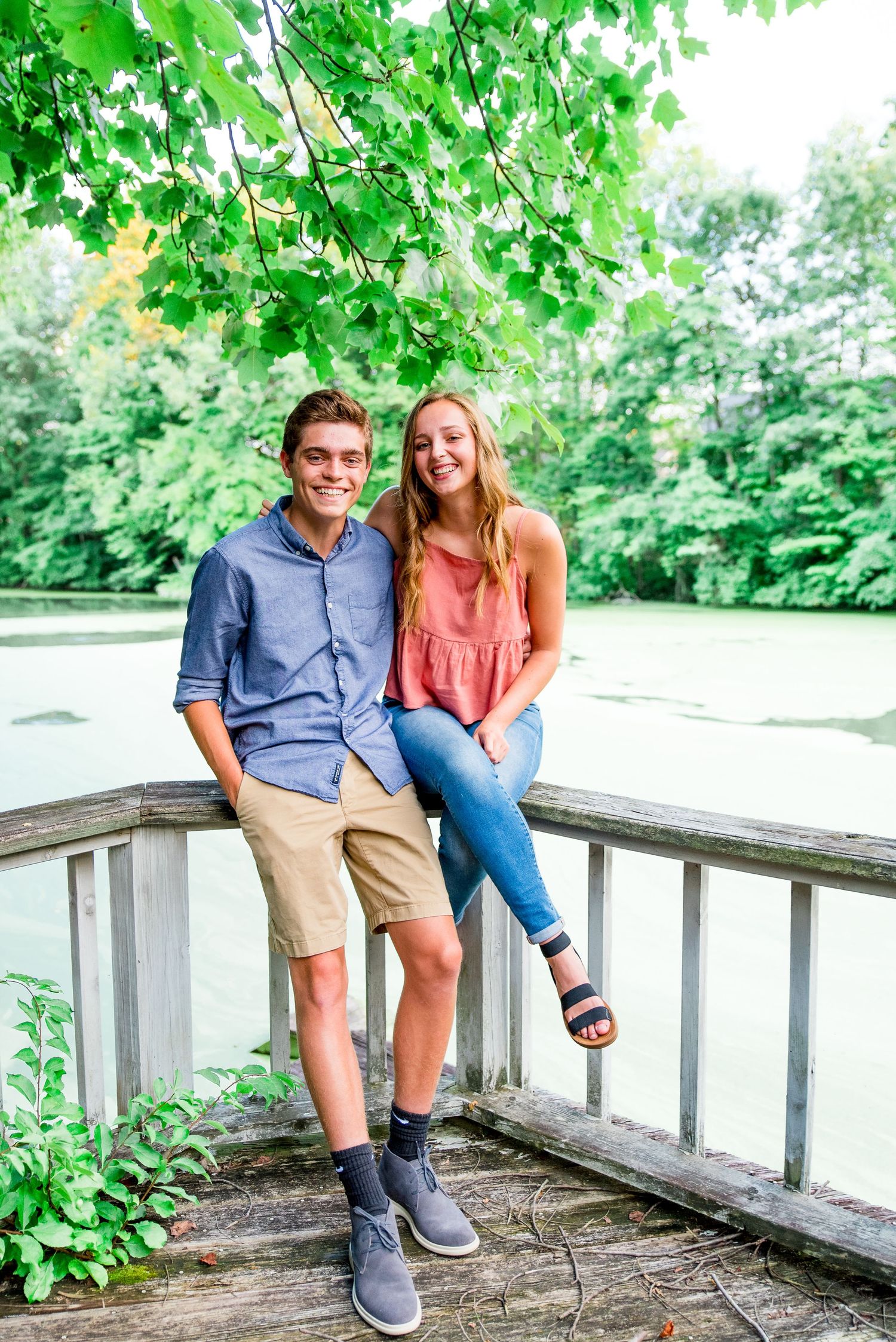 brother and sister, balcony, family photos, pond, summer, Cincinnati OH