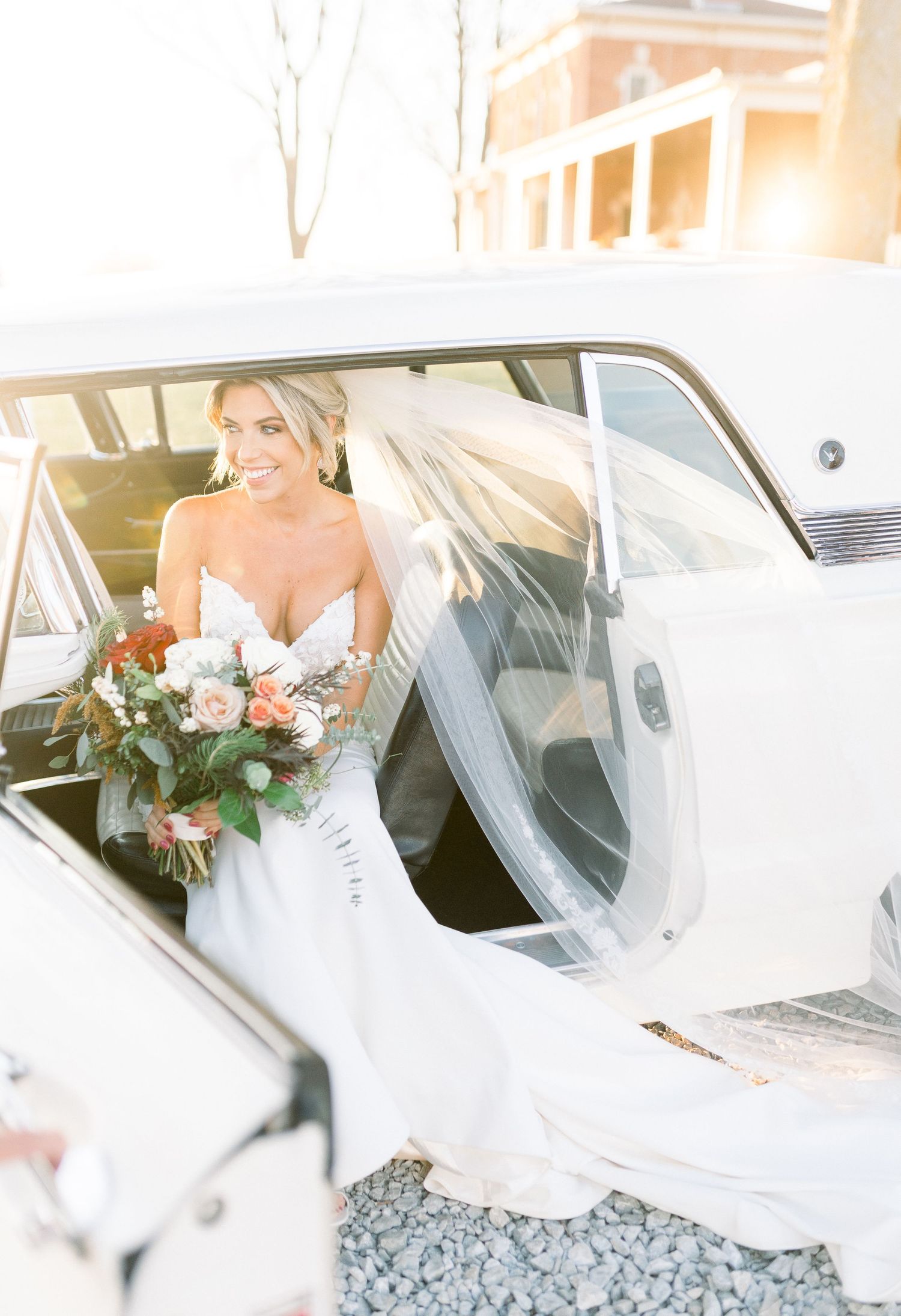 Light and airy Elopement wedding with vintage car at 1868 Farmhouse Wedding in Boone, Iowa with Modern Dress bridal gown