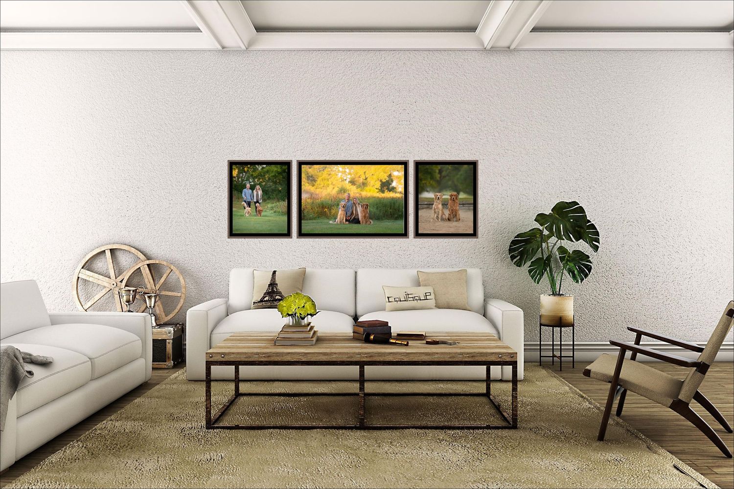 Artistic photographer with wall art in living room