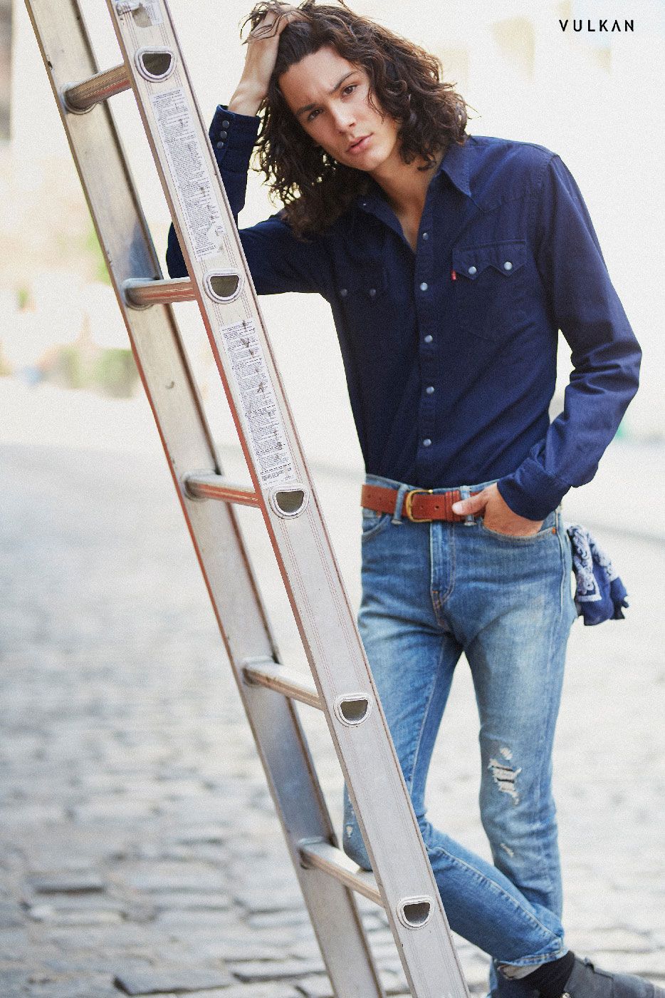 Model Ty Samatowic long dark hair Levi's Trucker Jacket Wilhelmina Models Levi's Denim Editorial Vulkan Magazine