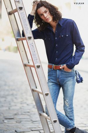 Model Ty Samatowic long dark hair Levi's Trucker Jacket Wilhelmina Models Levi's Denim Editorial Vulkan Magazine