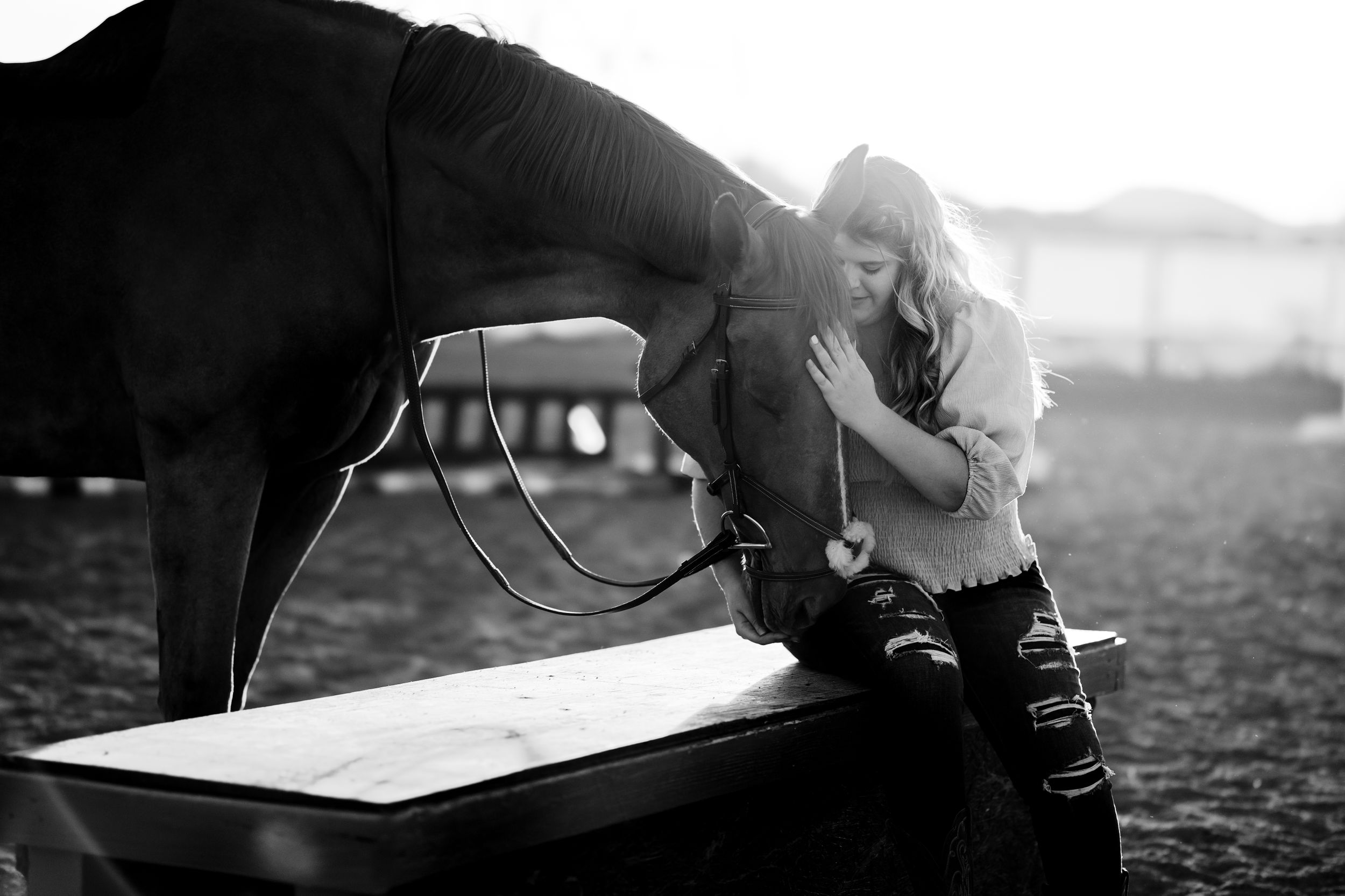 horse and rider bond connection black and white photography senior portraits
