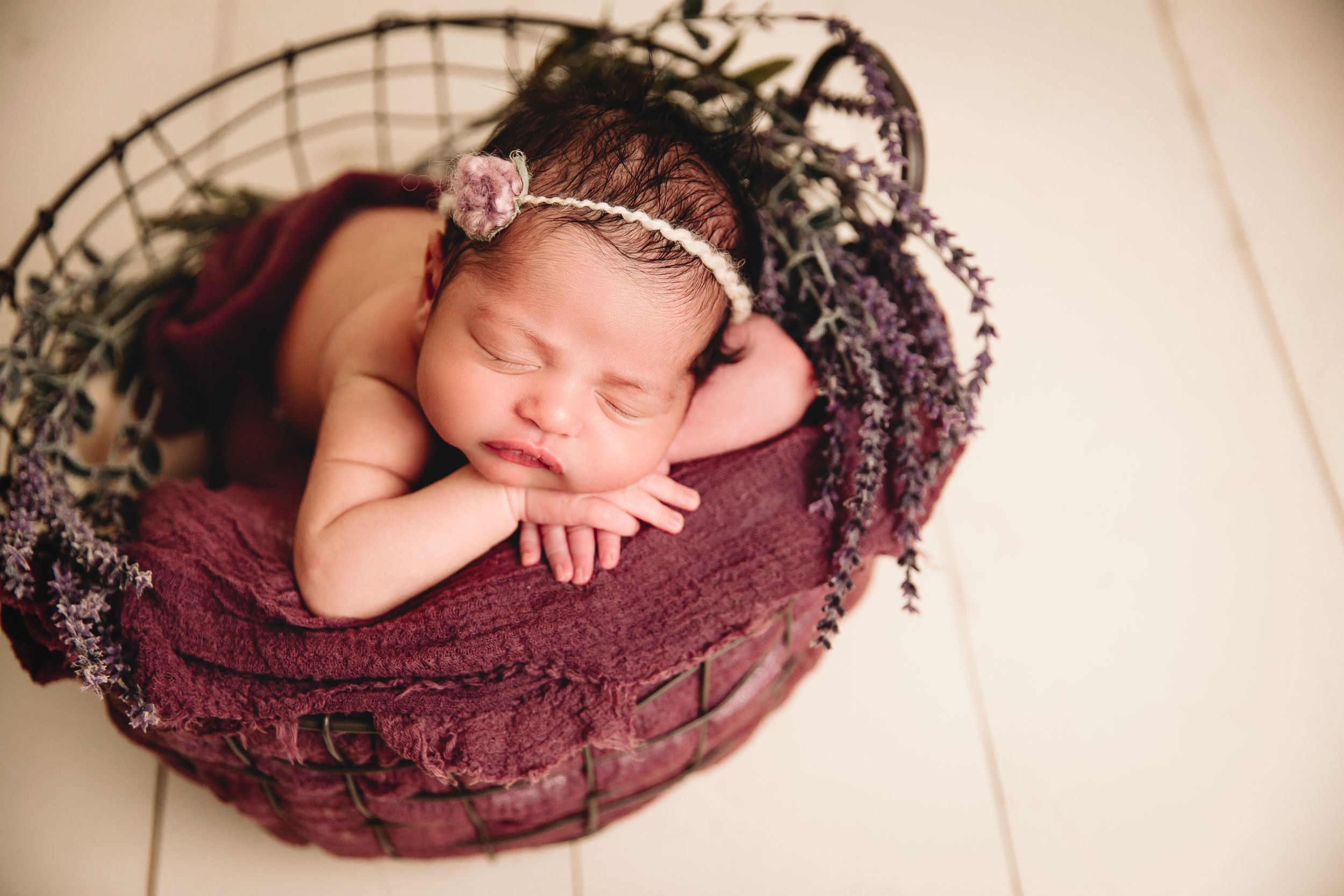 infant in metal wire basket with purple blanket and dried lavender