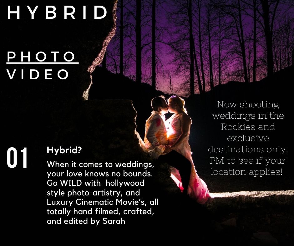 Dark purple promotional image for hybrid photo and video wedding services with silhouetted couple.
