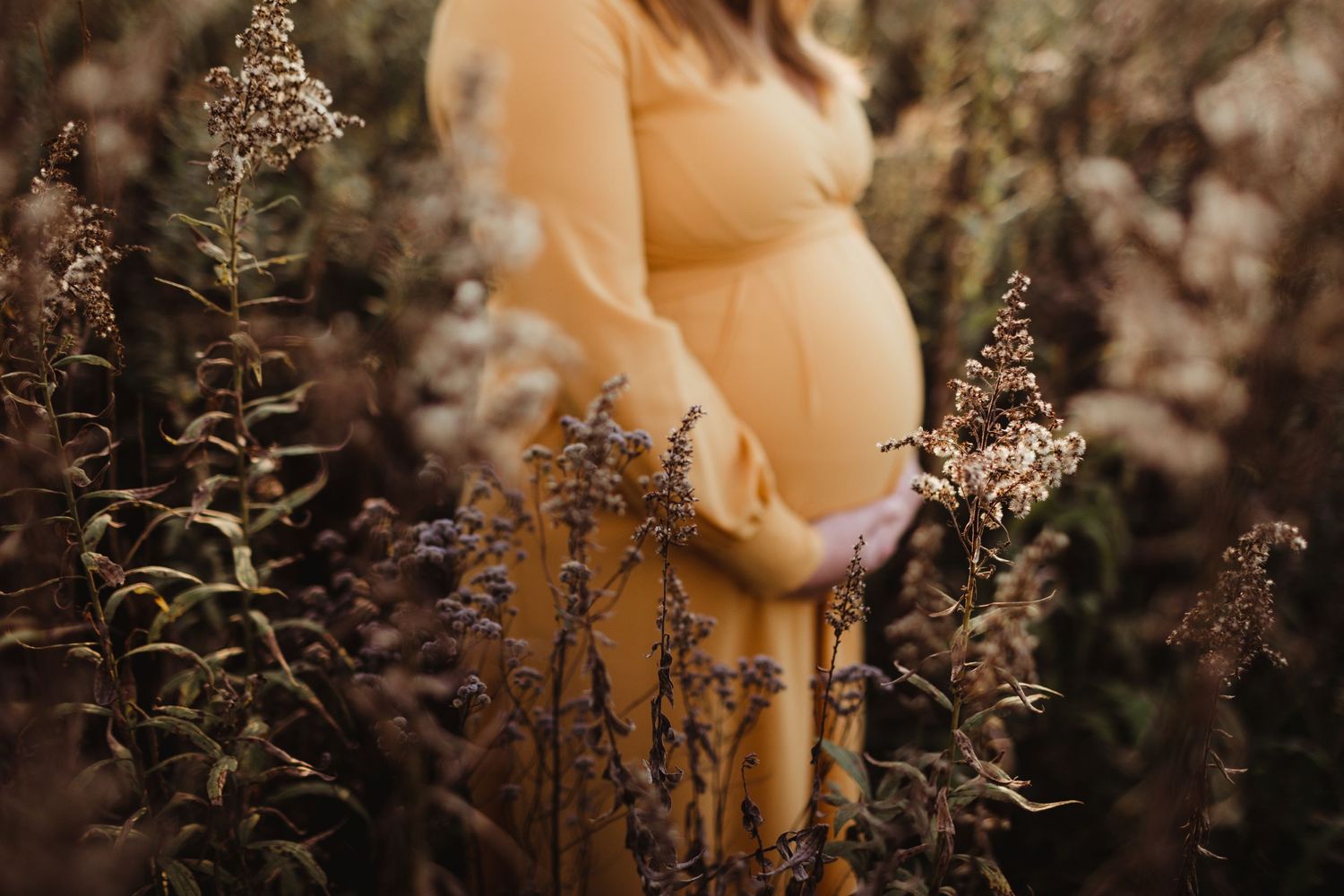 A woman cradles her pregnant belly during a golden sunset. Photo by maternity photographer, Elizabeth Pachniak.