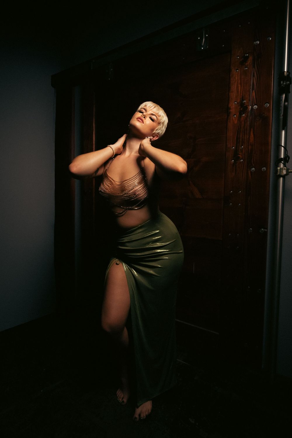 Artistic boudoir photograph with moody lighting and elegant pose against antique door.