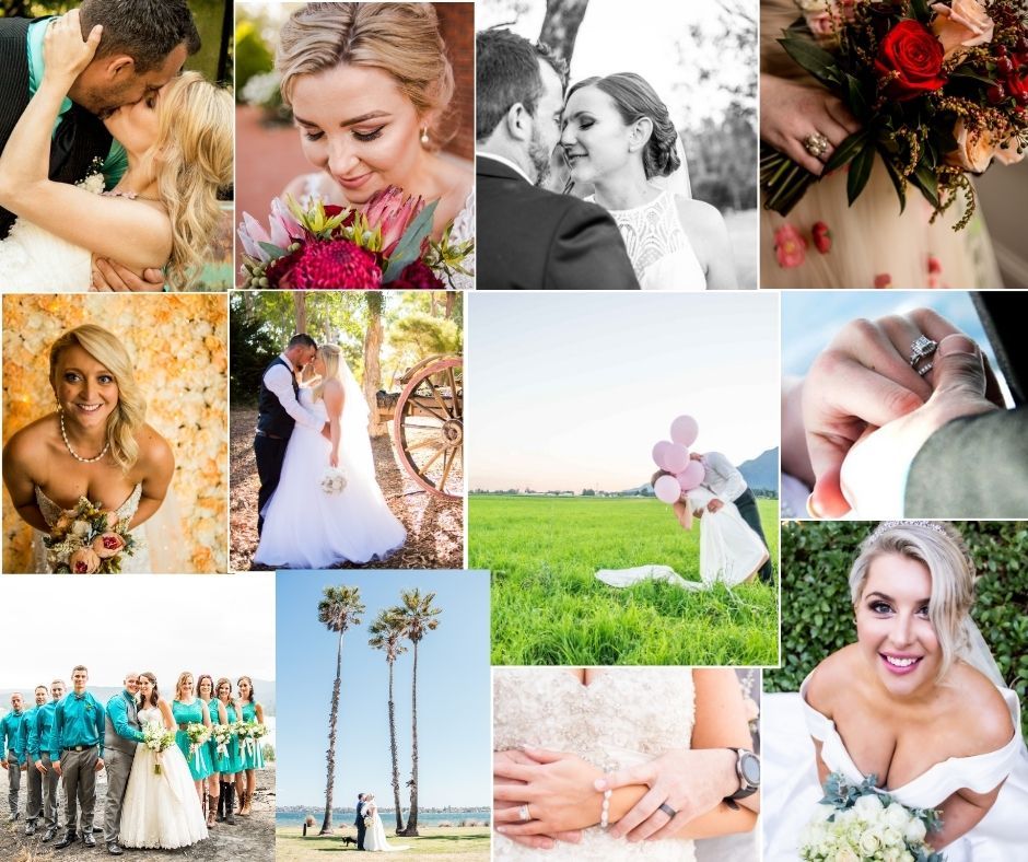 Wedding photography collage showcasing intimate moments, floral details and outdoor celebration scenes.