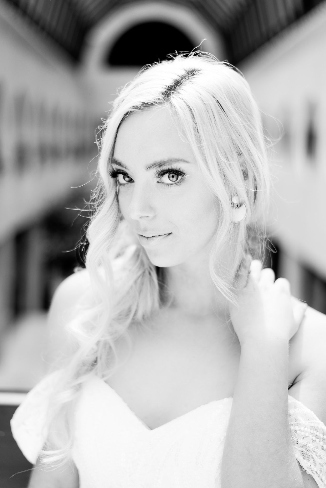 black and white photo of a blonde bride staring into camera at The Center Cincinnati spring wedding