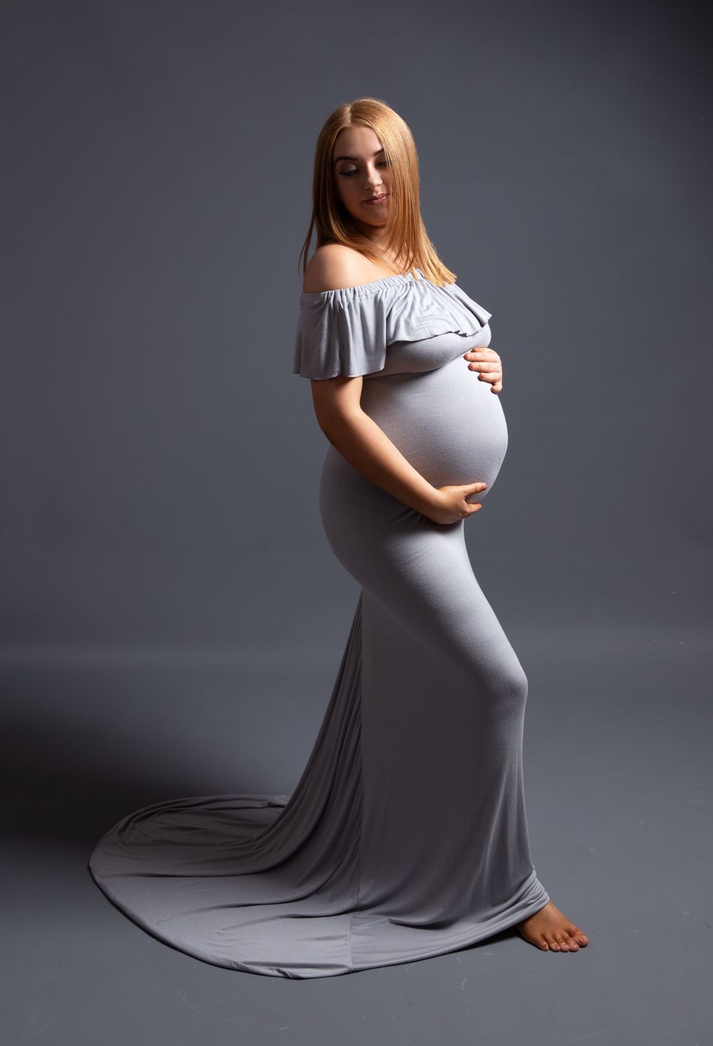 pregnant lady in grey gown