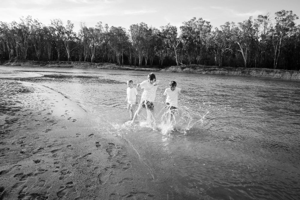 Two figures splash and play in shallow water with eucalyptus trees in the background.