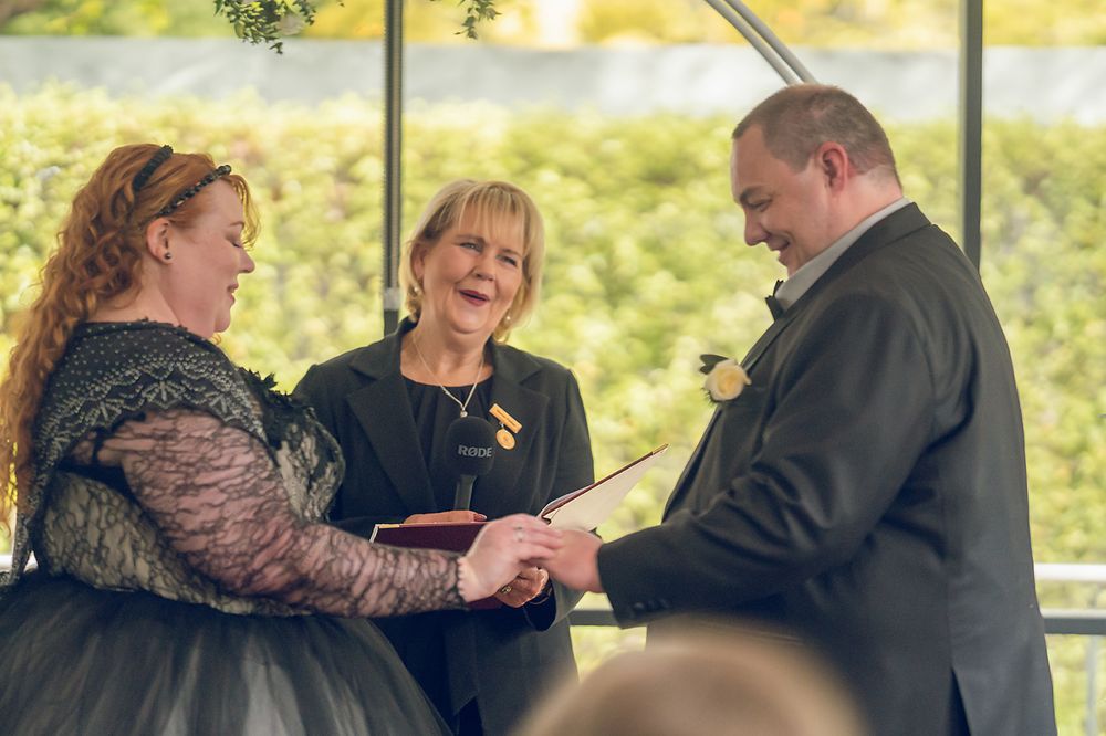 Wedding guests gather outdoors in a late afternoon sunlit setting exchanging warm greetings and conversation.