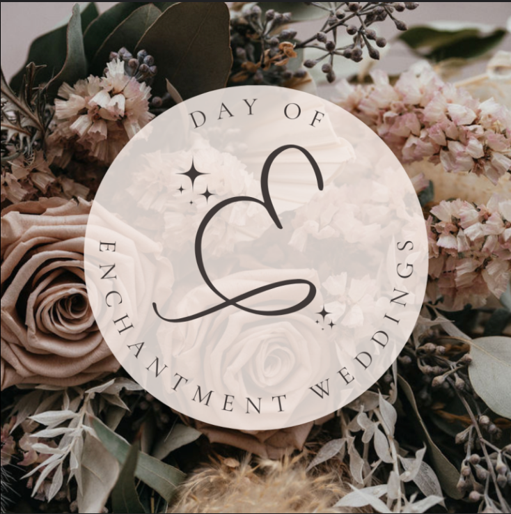 Day of Enchantment Weddings logo design with calligraphic heart motif surrounded by pink roses and floral arrangements.
