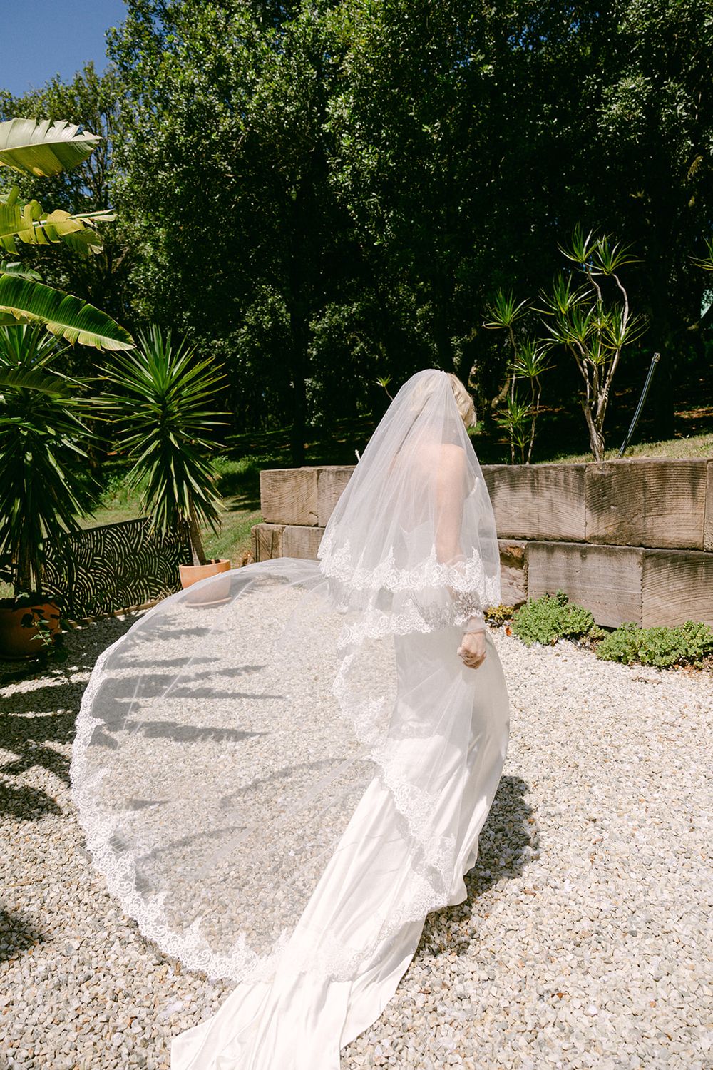 A flowing white wedding dress and veil catch the sunlight in a garden path filled with white gravel and tropical plants.