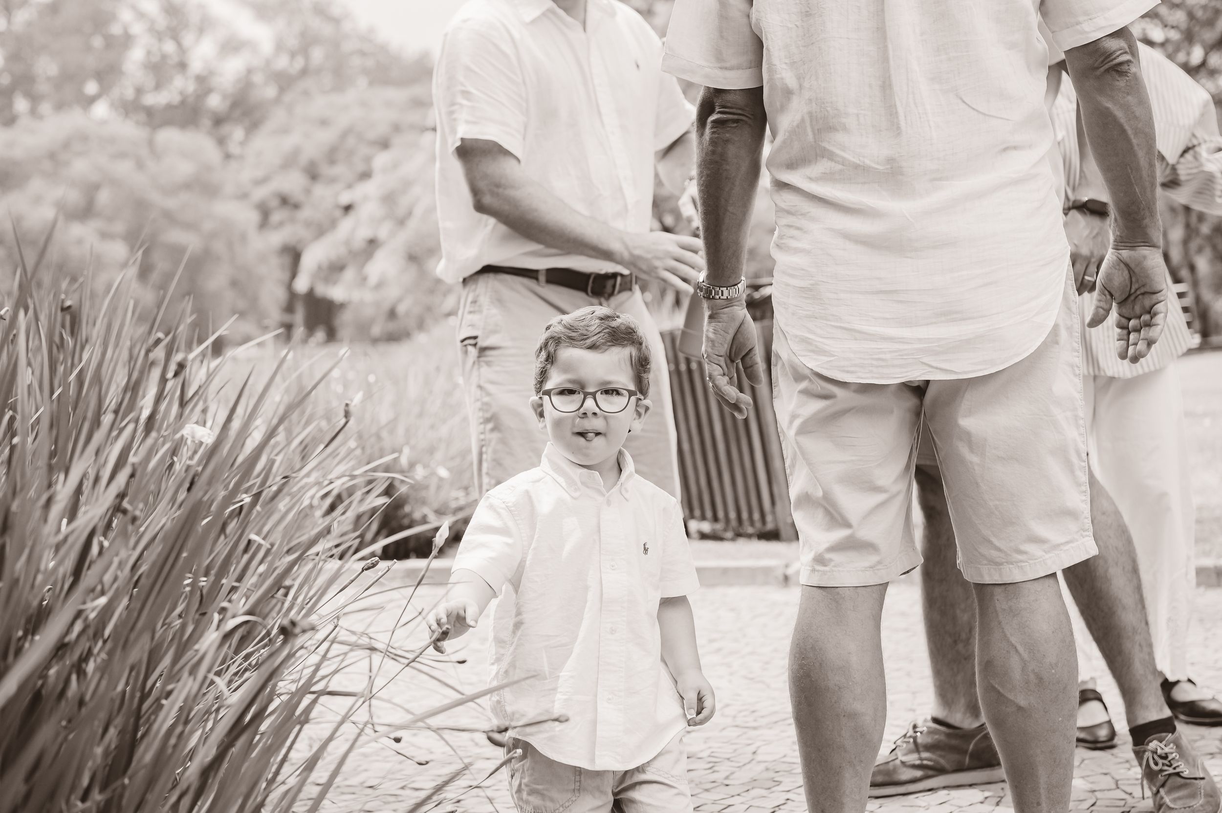 Black and white photo showing a child in shorts walking through a garden path with tall grass or reeds beside them.