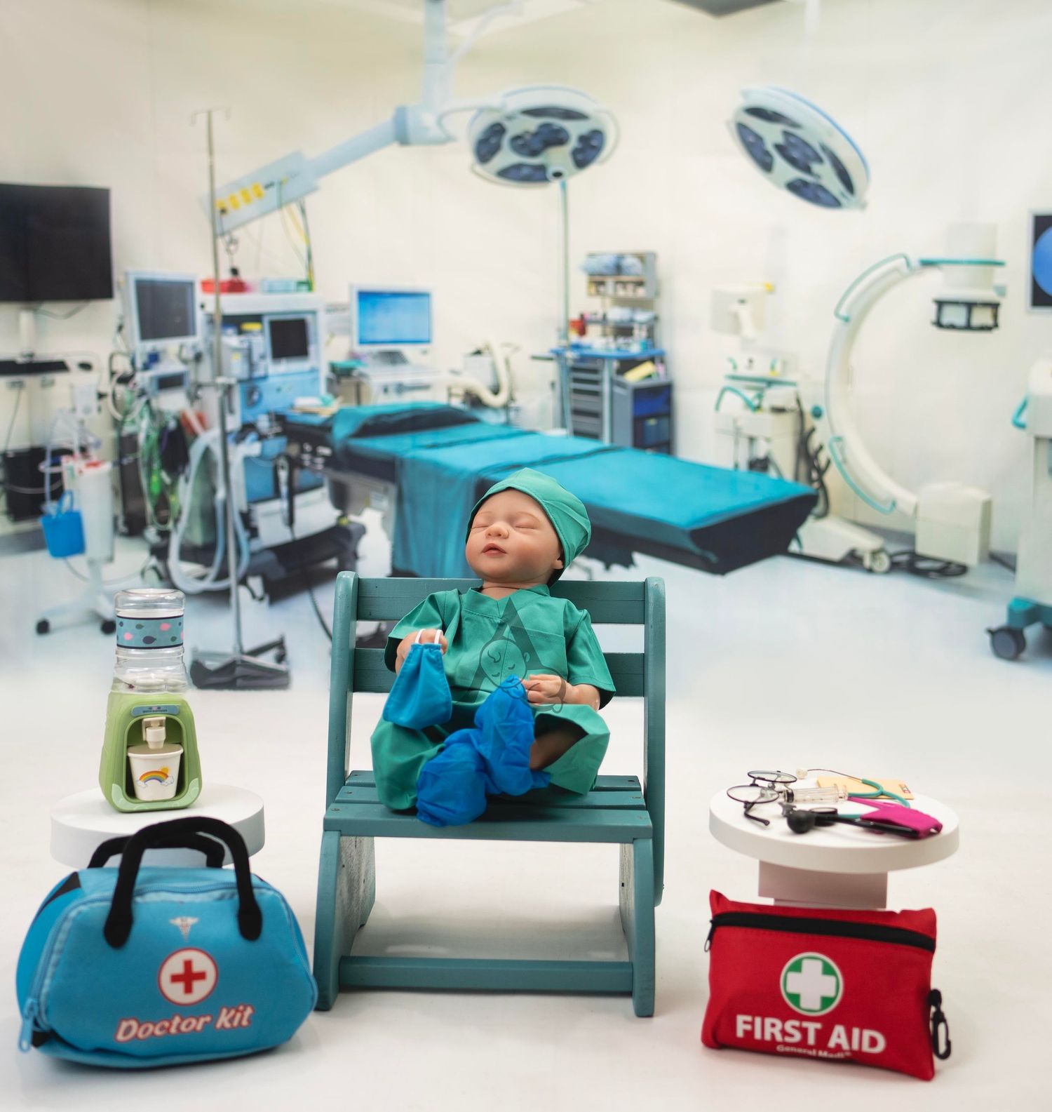 Medical room setup with toy doctor equipment and first aid supplies.