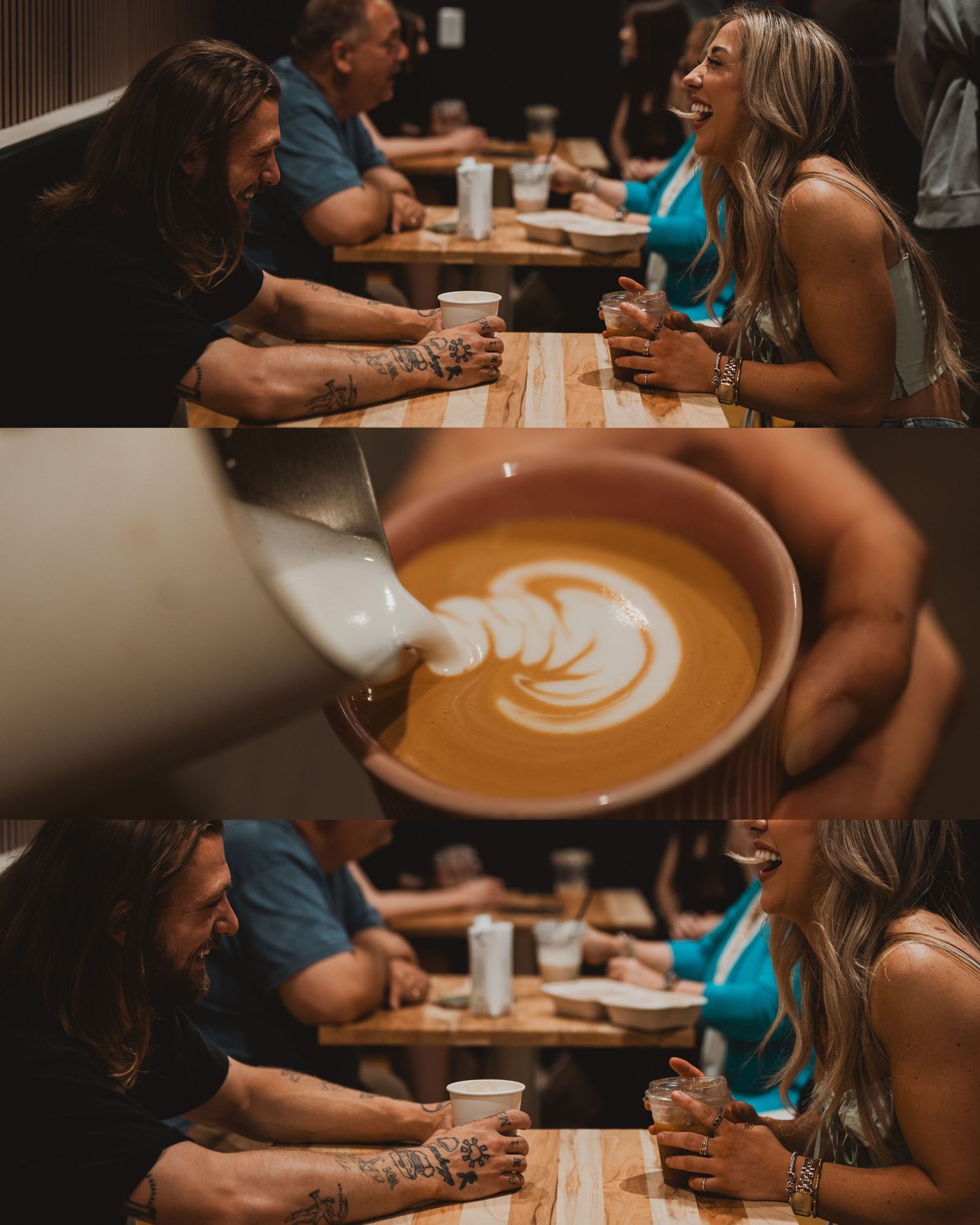 People chatting over coffee at a cafe table with a beautifully crafted latte art drink in the foreground.
