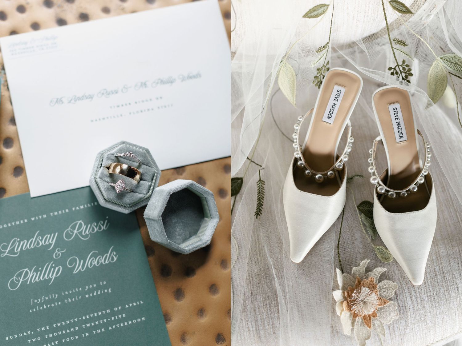 Wedding styling details including elegant white heels, sage green invitations, and ring box arranged on neutral background.