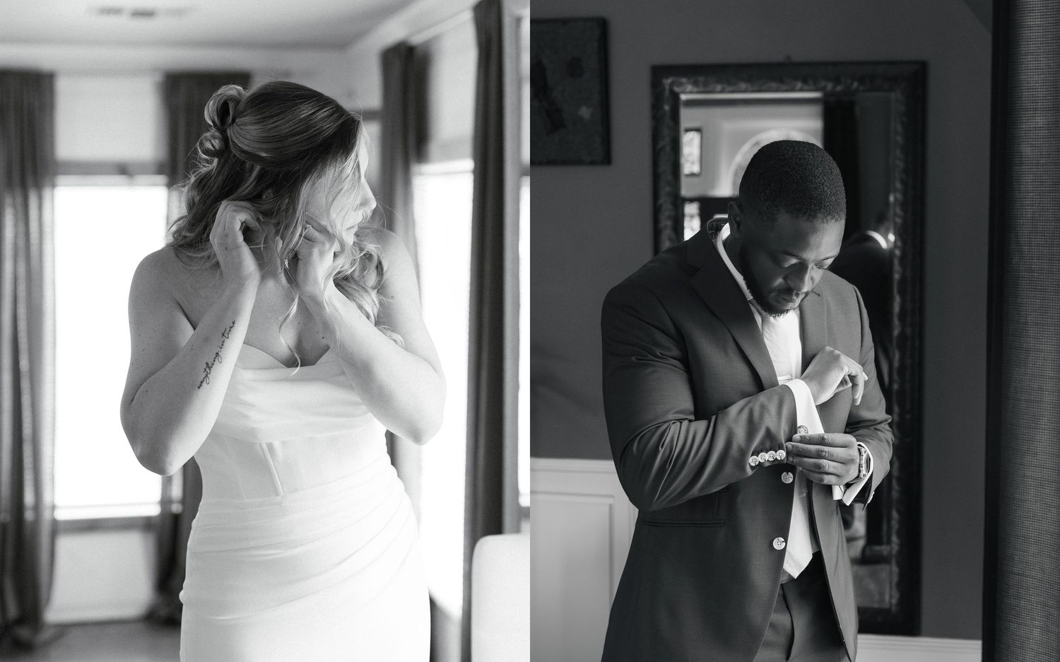 Black and white photo of a bride and groom preparing separately in adjacent rooms before their wedding ceremony.