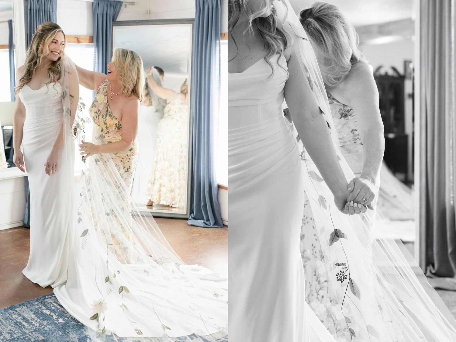Two bridal gowns being worn in a boutique fitting room, one features a flowing lace train and white fabric.