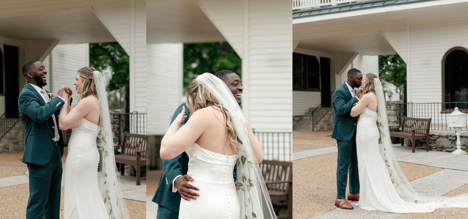 A wedding ceremony sequence showing moments between a couple and their guests in front of a traditional white building.