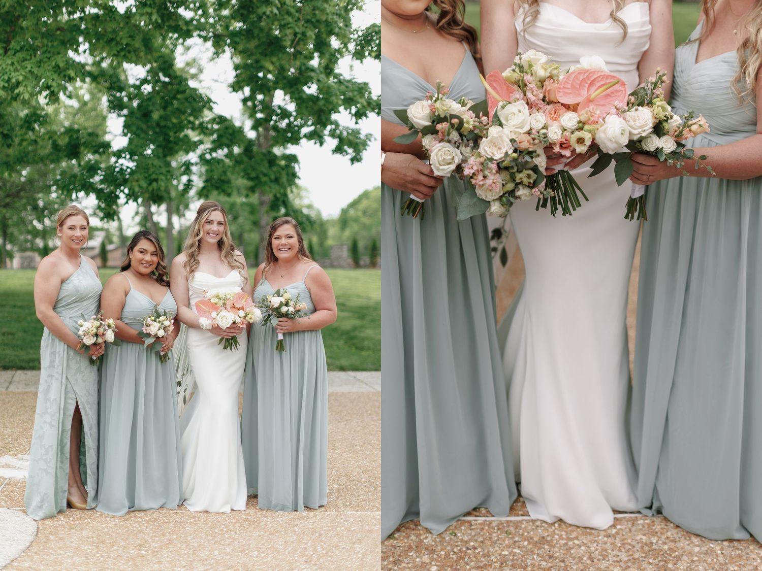 Bridesmaids in flowing sage green dresses hold blush and white bouquets while posing with bride in elegant white gown.