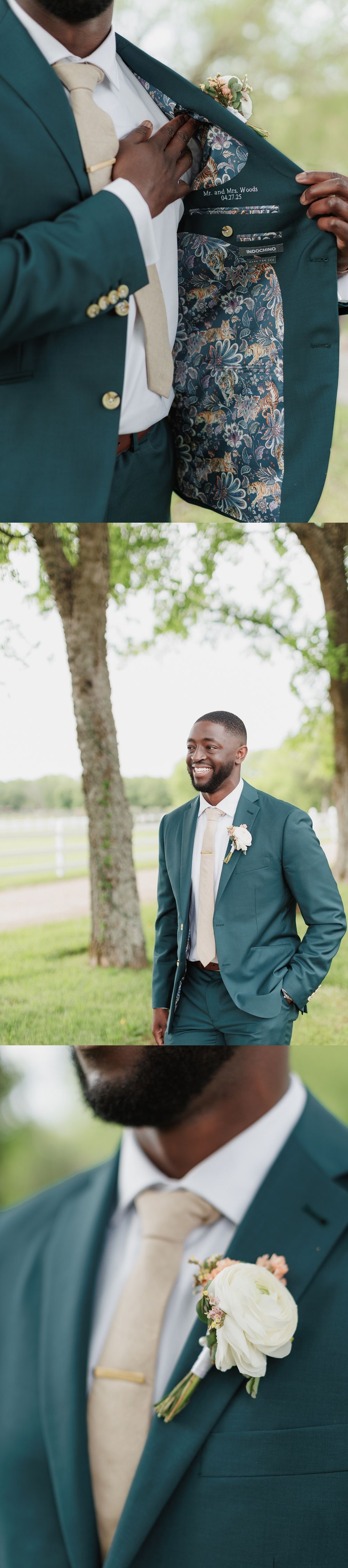 Elegant emerald green wedding suit with floral lining, white boutonniere, and champagne tie details arranged in multiple views.