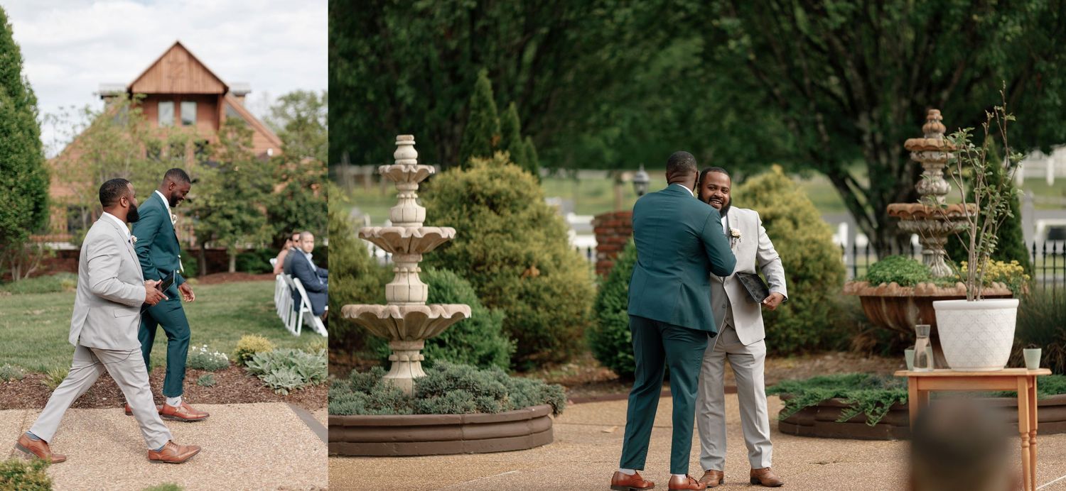 Two figures embrace near garden fountains and ornate stone planters in a romantic outdoor setting.