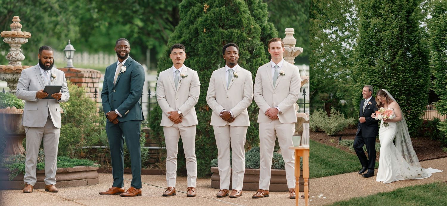 Wedding party members stand on garden path during outdoor ceremony in gray and beige attire.