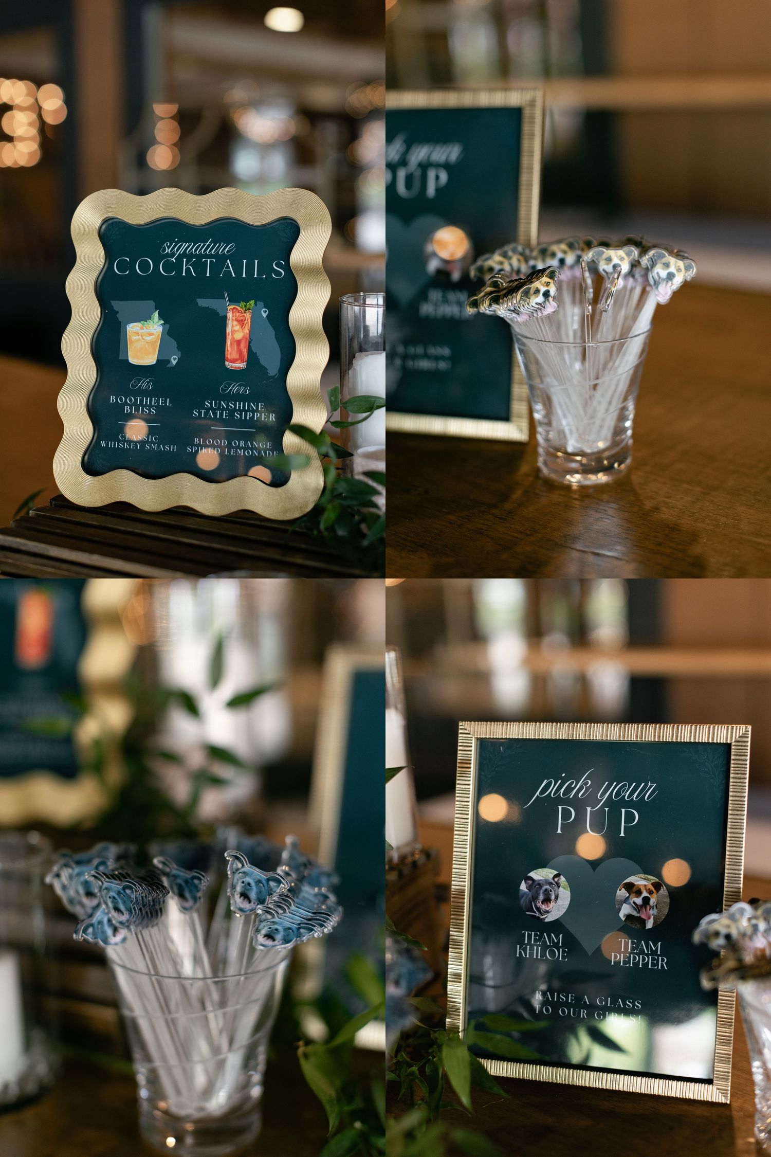 Elegant wedding signage displays featuring cocktail menus and drink options with crystal glassware on a wooden table.