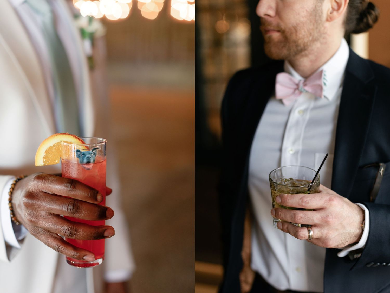 Hands holding colorful cocktail drinks with garnishes at an elegant wedding reception or formal event.
