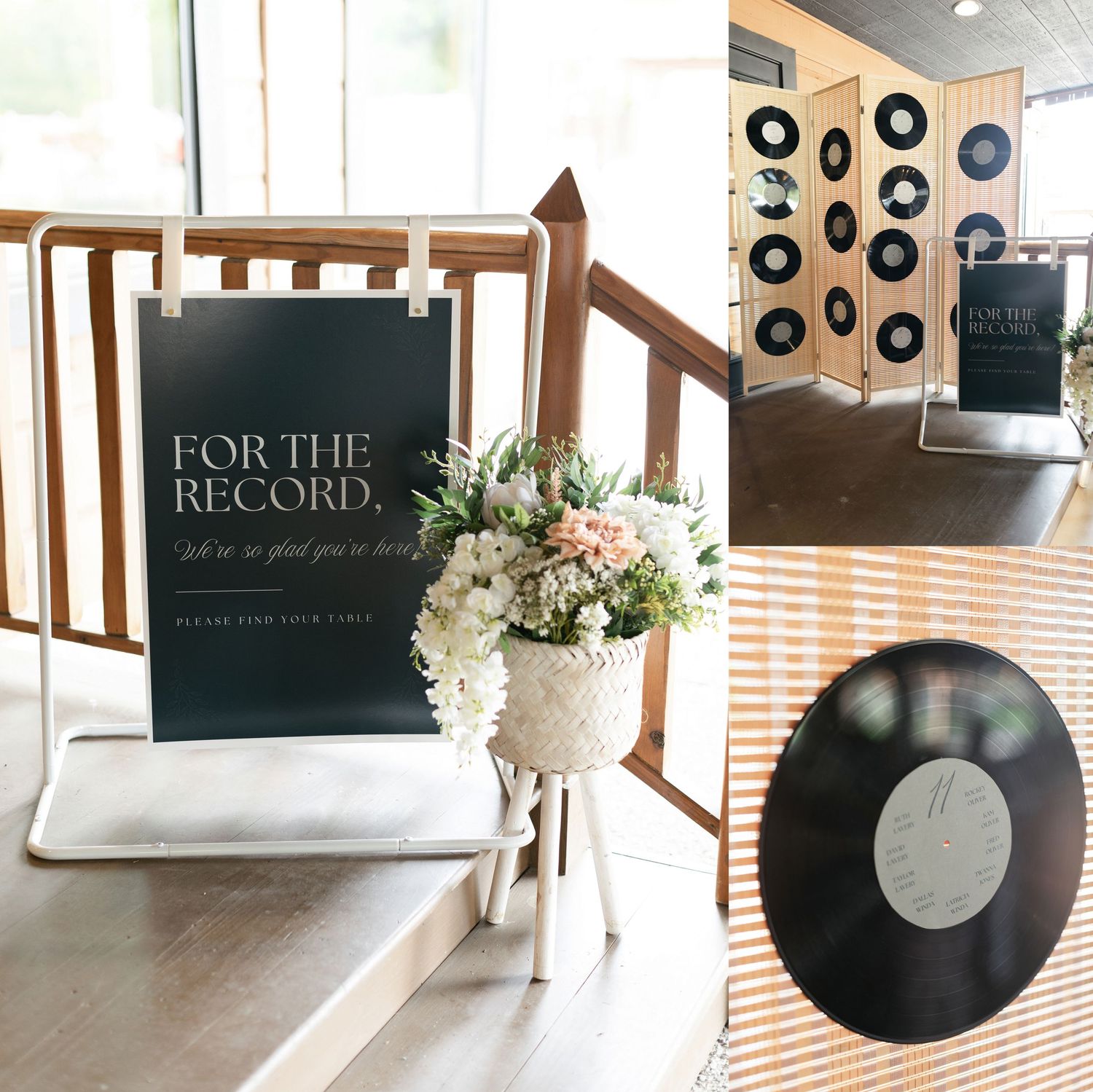 A wedding reception display with vinyl records theme featuring a black sign 'For the Record' and white floral arrangements.