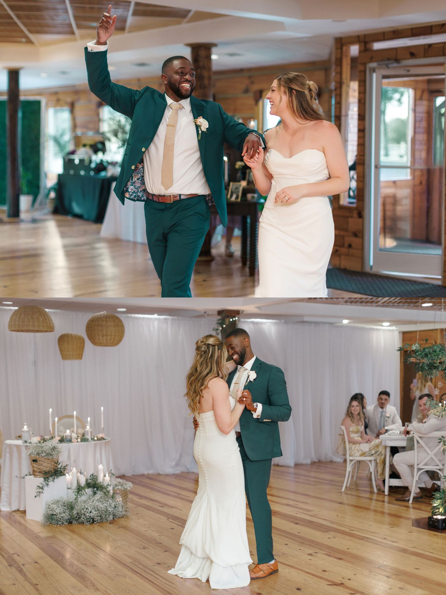 A couple in formal attire celebrate together in a rustic venue with wooden floors and elegant decor during their wedding reception.