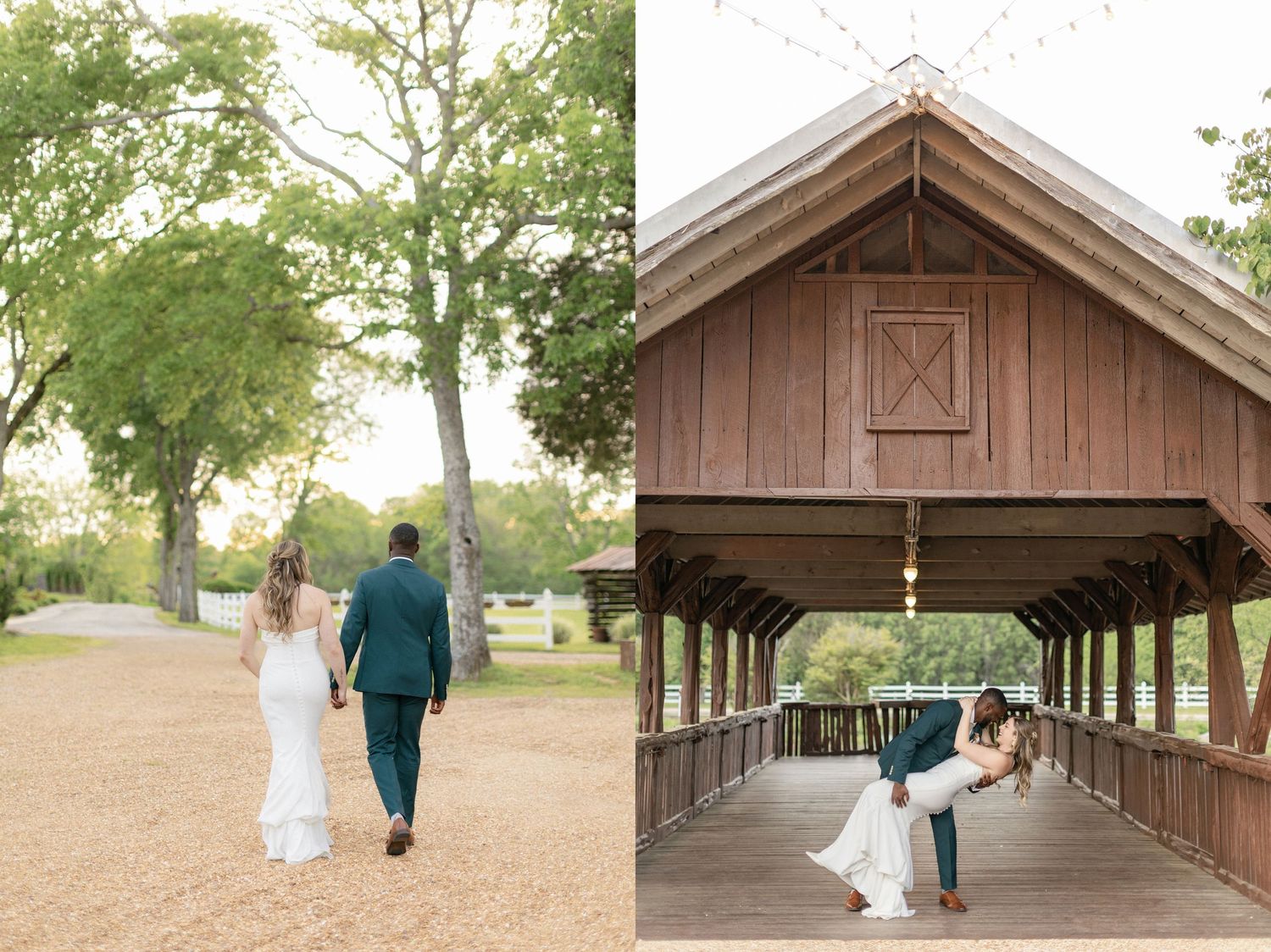 Two serene wedding photos captured outdoors, one on a gravel path near trees and another under a rustic wooden bridge.