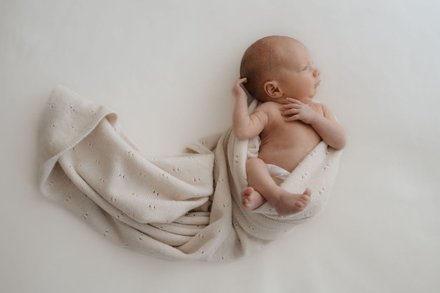 A newborn baby rests peacefully curled up in soft beige fabric on a white background during professional photography session.