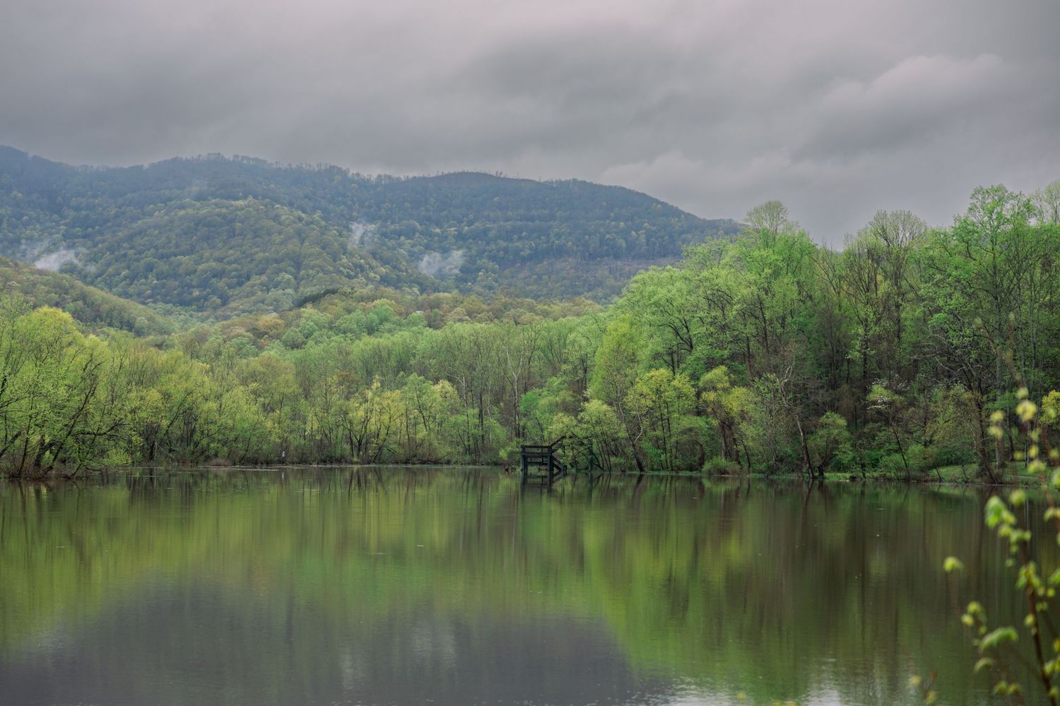 Serene mountain lake reflects lush green spring forest and misty hills under moody cloudy skies.