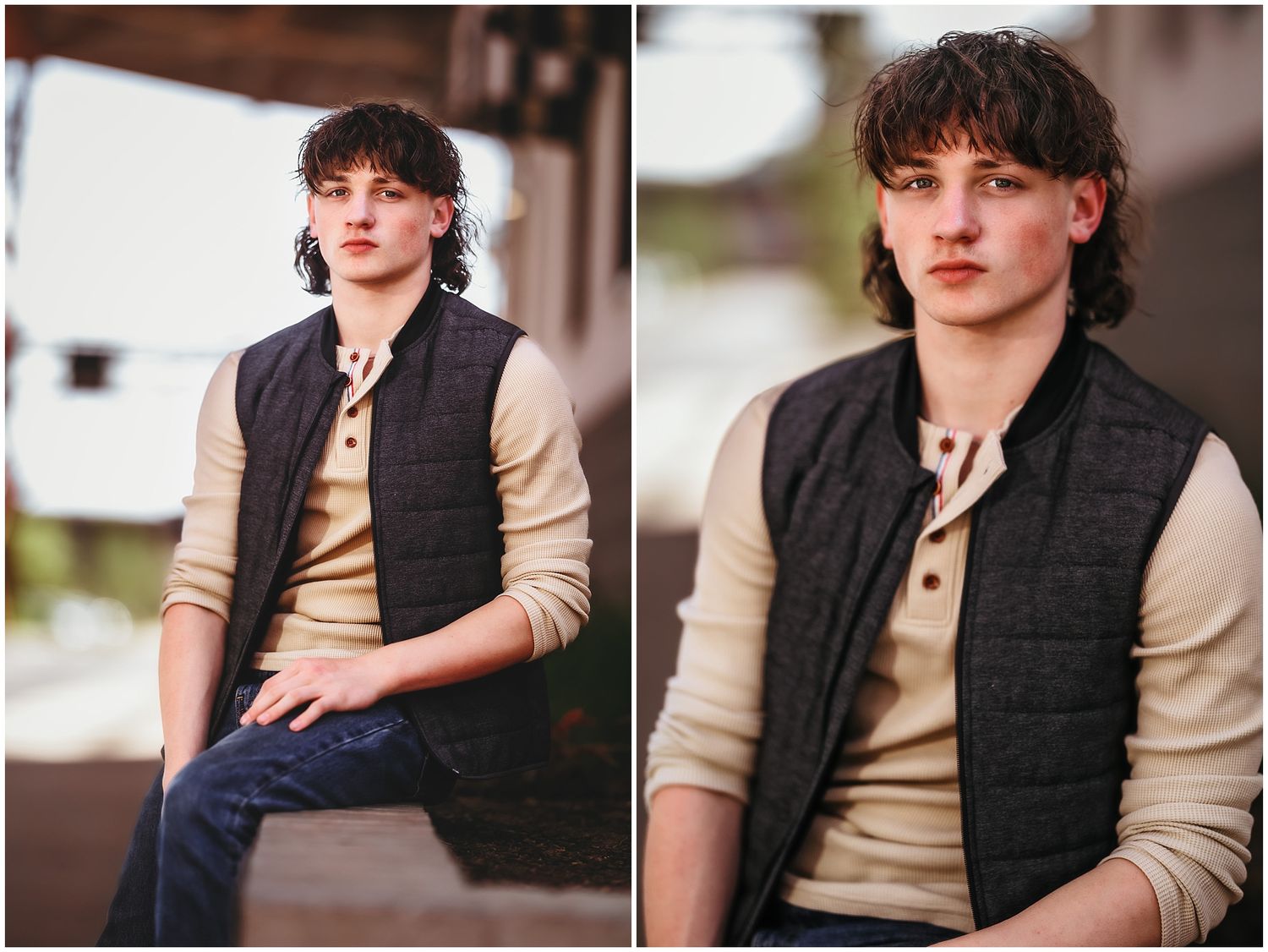 A person seated outdoors wearing a tan sweater and black vest poses for multiple sequential portrait photographs.